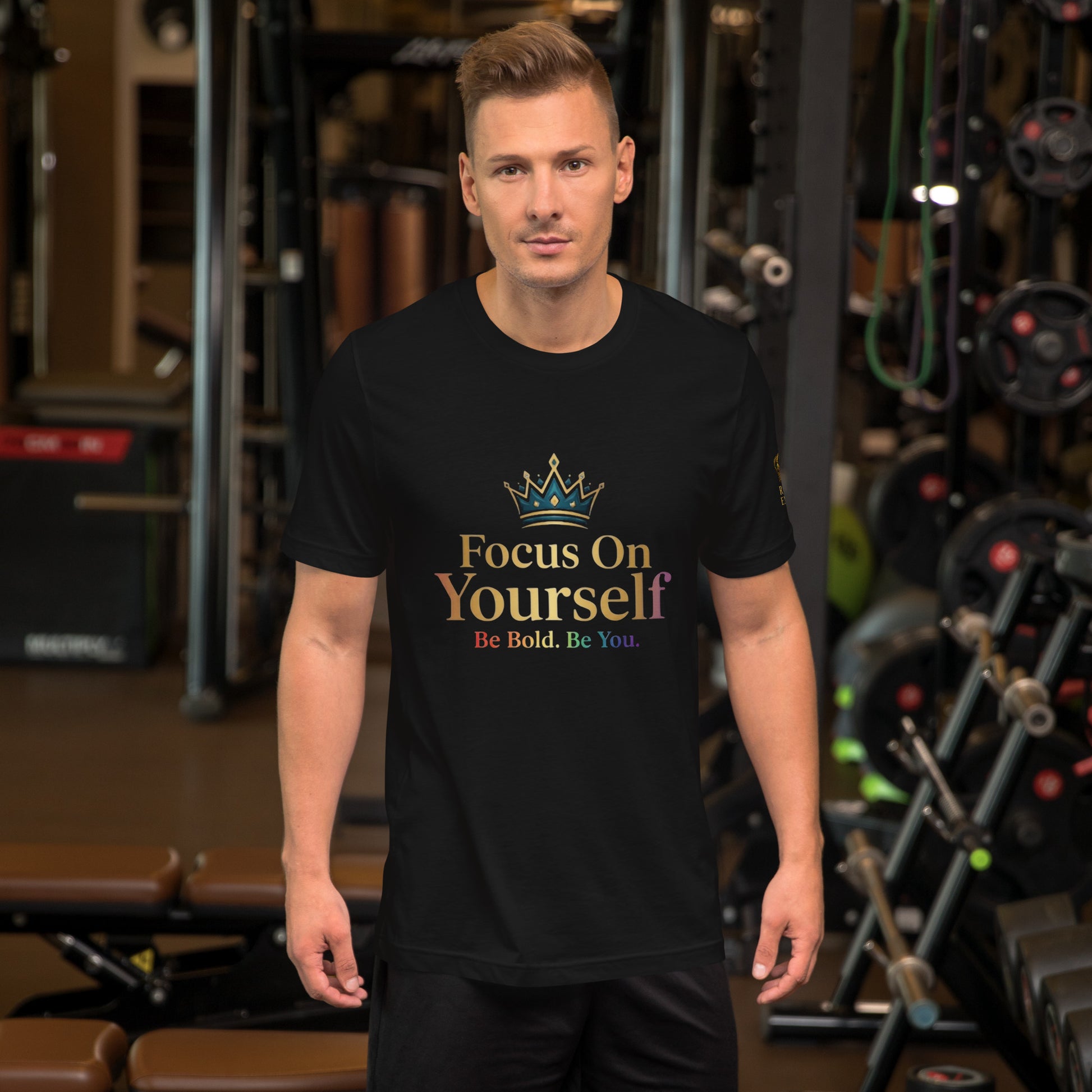 Black Focus On Yourself Pride Tee with rainbow crown and “Be Bold. Be You.” slogan – Royal Empire™