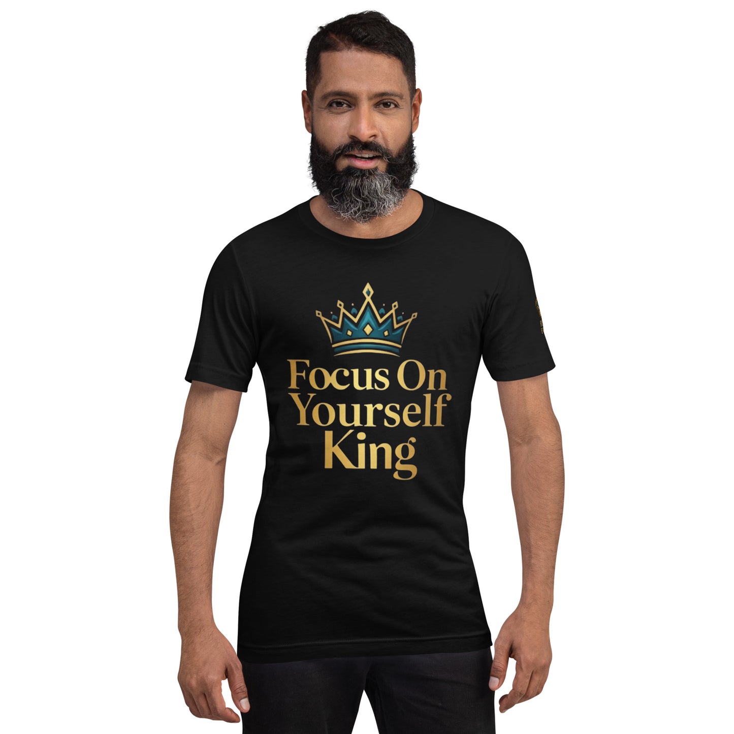 Black men’s streetwear graphic tee with gold Focus On Yourself King design – Royal Empire