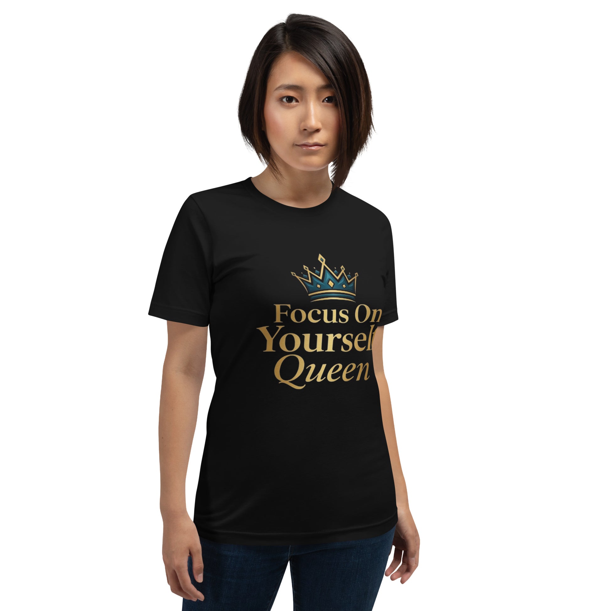 Black women’s streetwear graphic tee with gold Focus On Yourself Queen design – Royal Empire