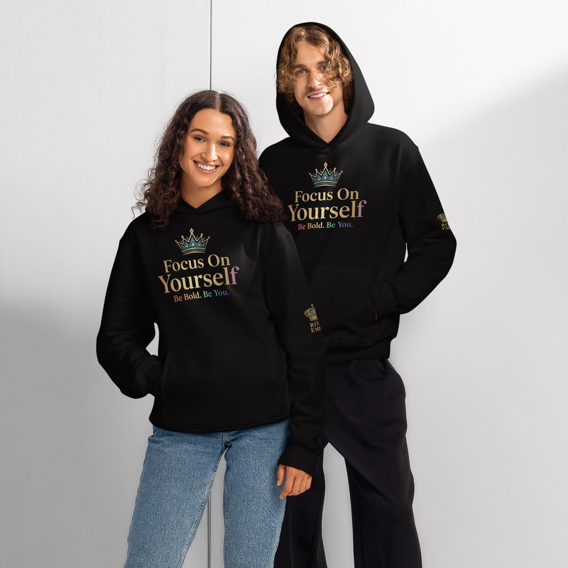 Black oversized Pride Hoodie with rainbow crown and “Be Bold. Be You.” slogan – Royal Empire™